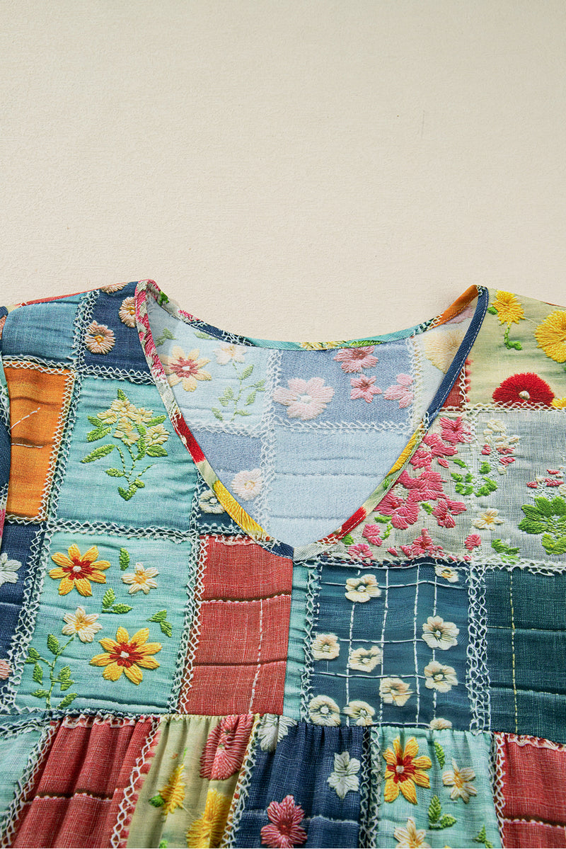 Multicolour Mix Floral Checkered Pattern Bubble Sleeve Ruffle Hem Dress