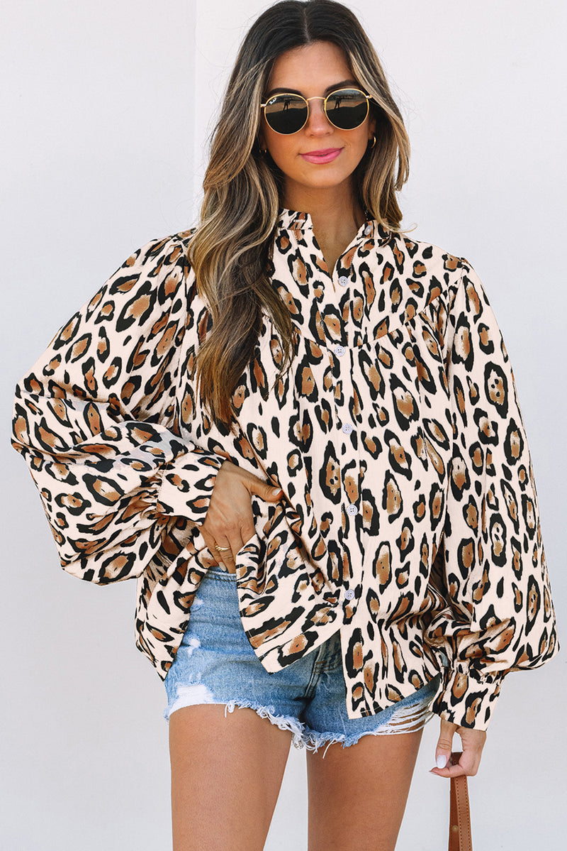 French Oversized Leopard Print Balloon Sleeve Casual Shirt