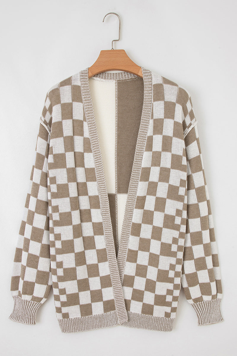 Checkered Open Front Drop Shoulder Cardigan