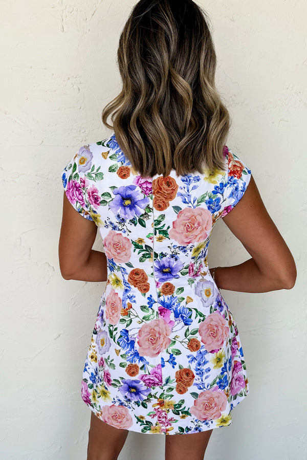 Vibrant Floral Print Cap Sleeve Mini Dress