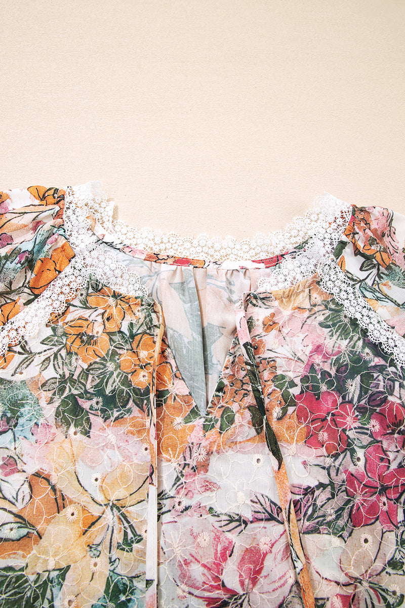 Floral Print Lace Embroidery Tie Split Neck Long Sleeve Blouse