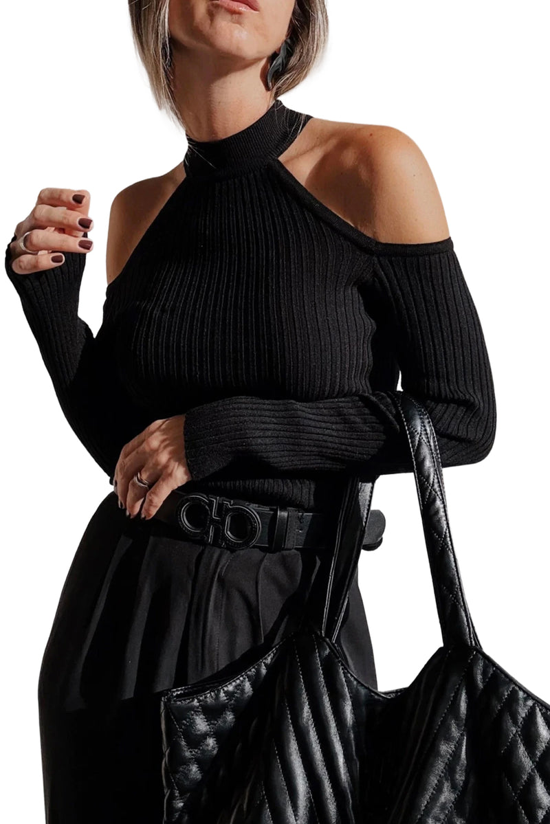 Ribbed Knit Cold Shoulder Choker Neck Sweater