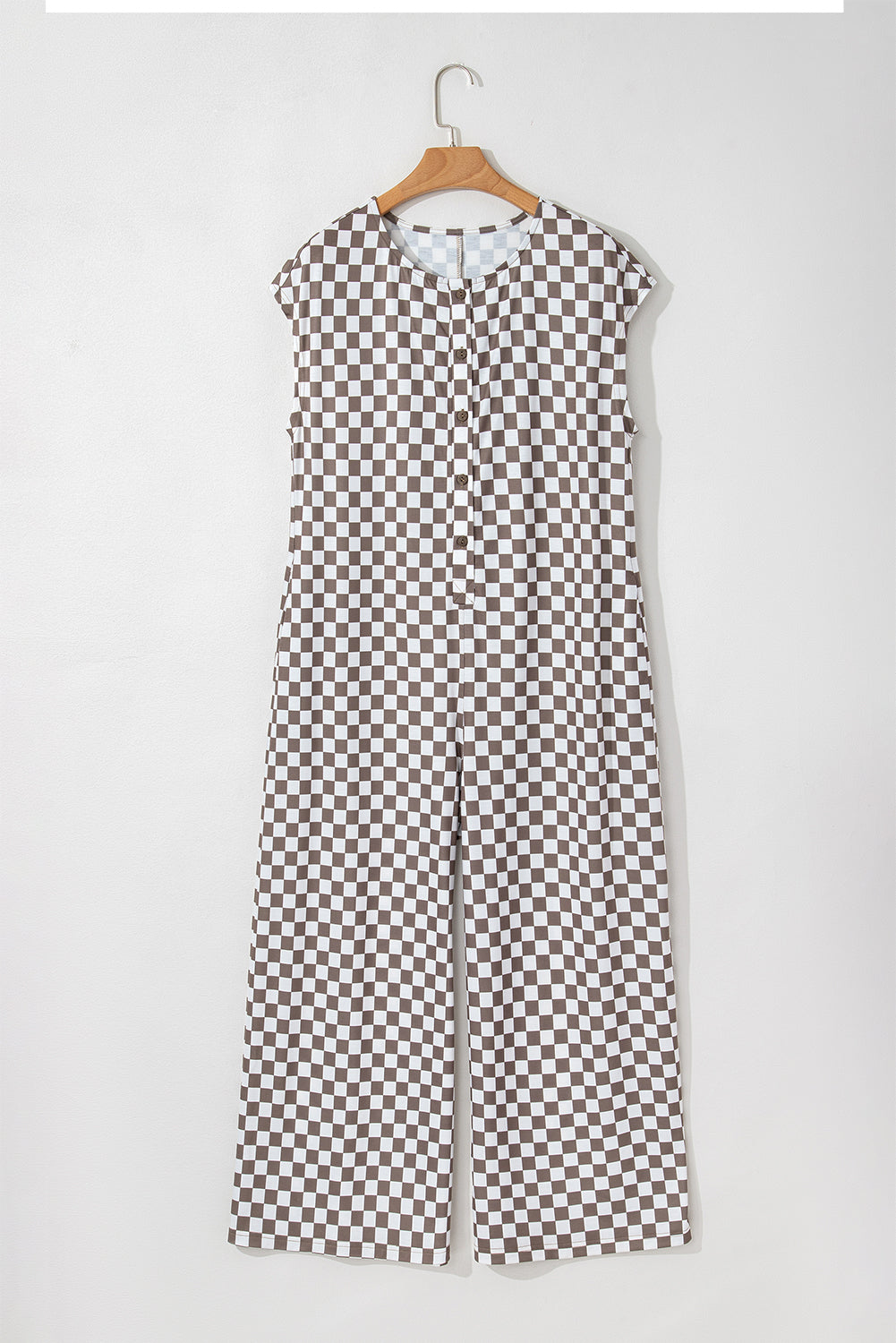 Checkered Print Buttoned Crew Neck Wide Leg Jumpsuit
