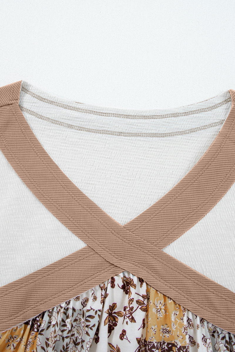 Multicolor Floral Printed Contrast Patchwork Long Sleeve Top