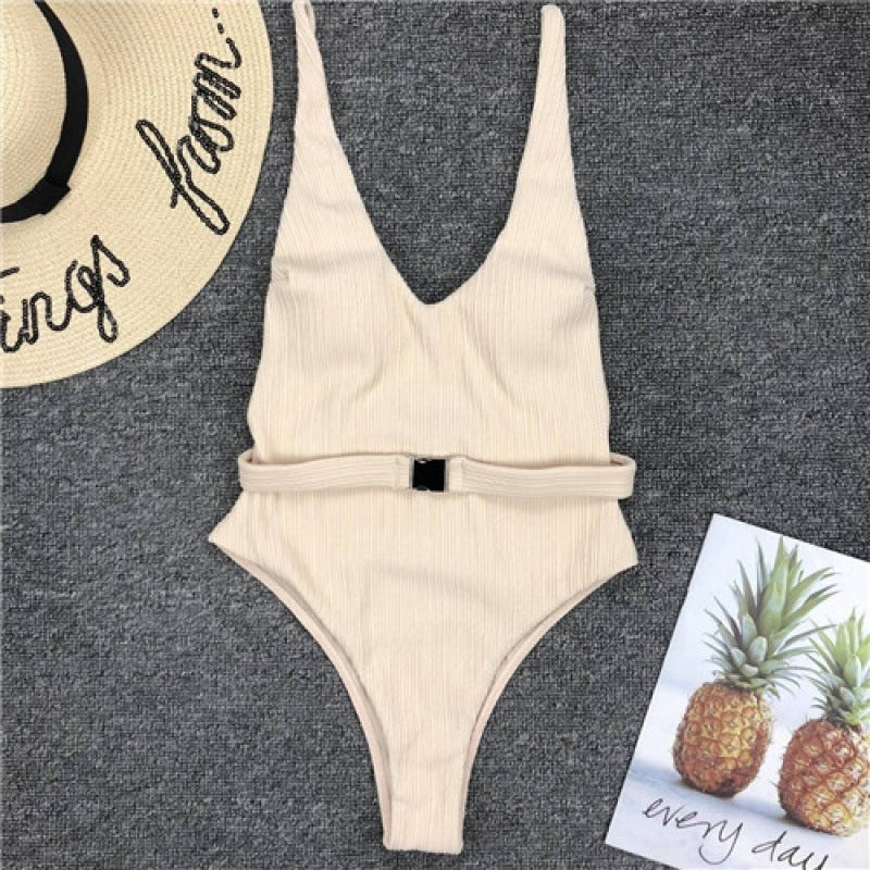 Grid and Solid Pattern White Swimsuit Women