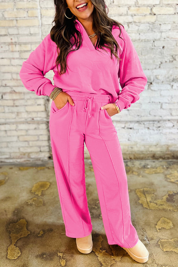 Bright Pink Solid Color Collared Pullover and Central Seam Pants Set