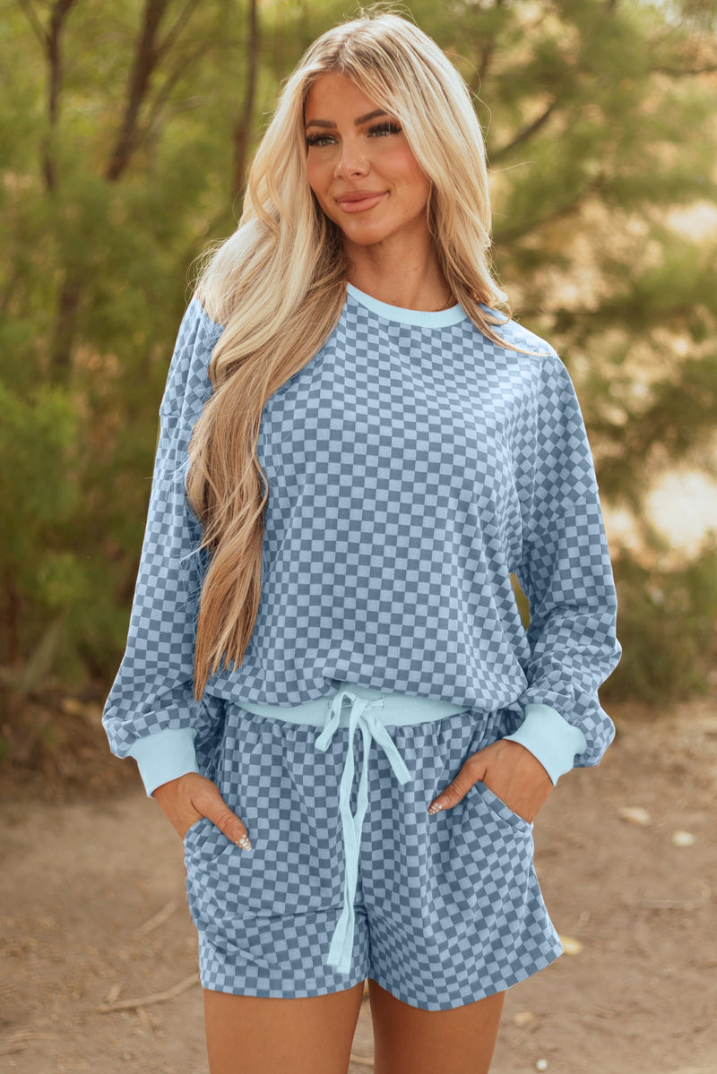 Checkerboard Long Sleeve Pullover and Shorts Set