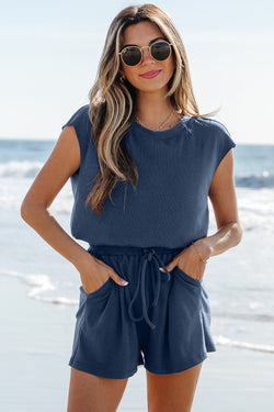 Solid Knit Open Back Cap Sleeve Drawstring Elastic Waistband Romper
