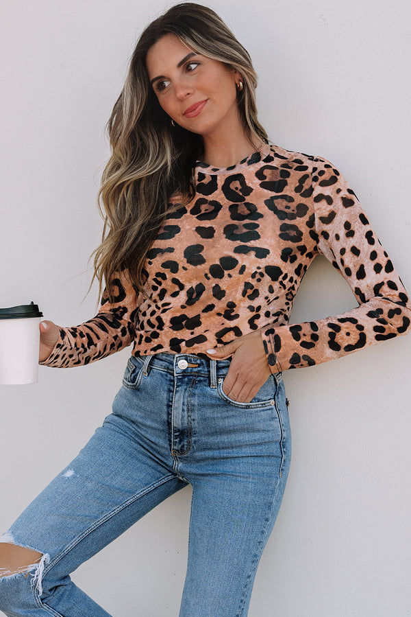 Leopard Round Neck Long Sleeve Slim Top