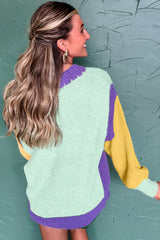 Stitched V Neck Color Block Knitted Drop Shoulder Sweater