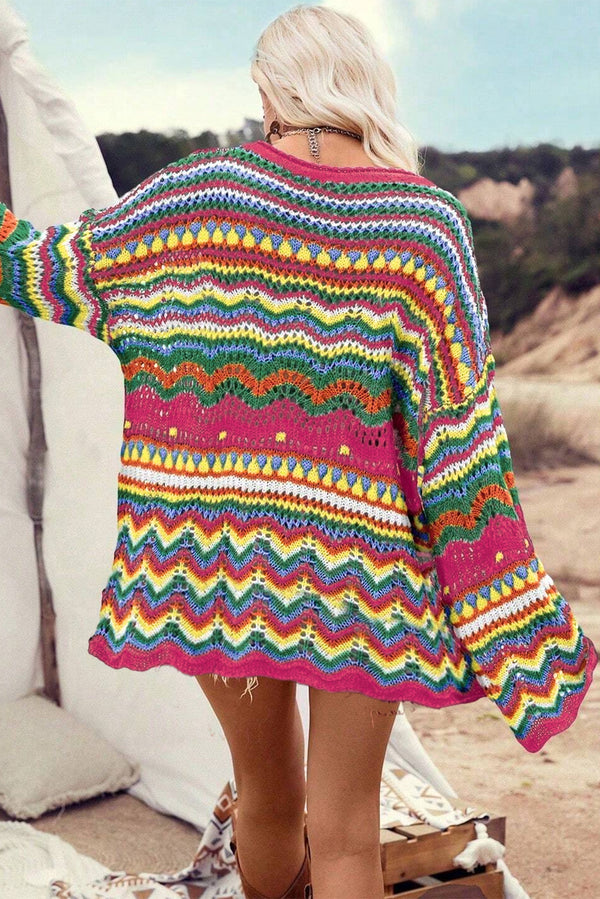 Colorblock Striped Hollowed Knit Loose Sleeve Sweater