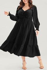 Solid Lace-up Ruched Front Long Sleeve Ruffle Hem Plus Size Midi Dress