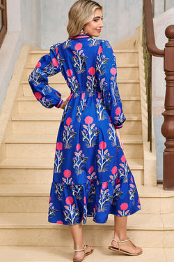 Floral Print Striped Trim Split Neck Long Sleeve Ruffle Hem Midi Dress