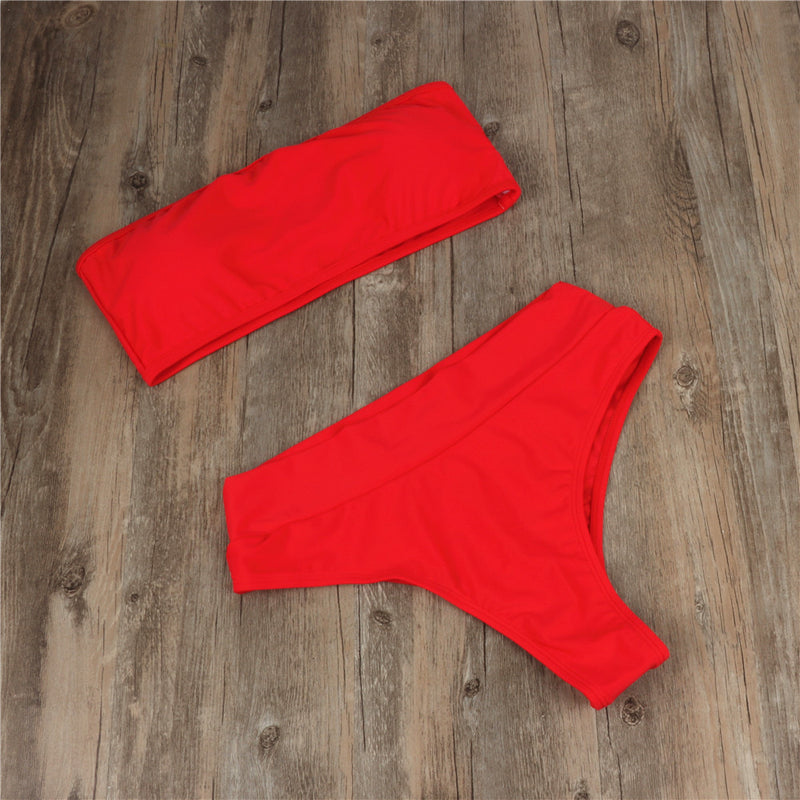 High waist solid color tube bikini swimwear