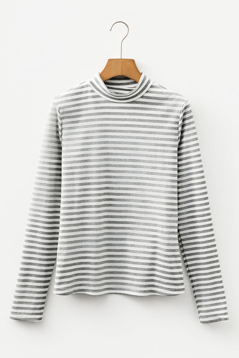 Stripe Ribbed High Neck Slim Fit Long Sleeve Top