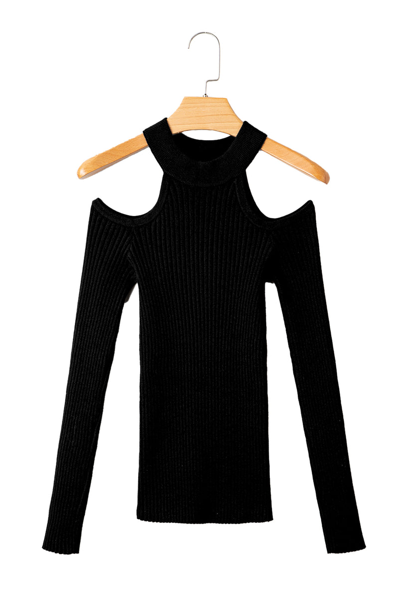 Ribbed Knit Cold Shoulder Choker Neck Sweater
