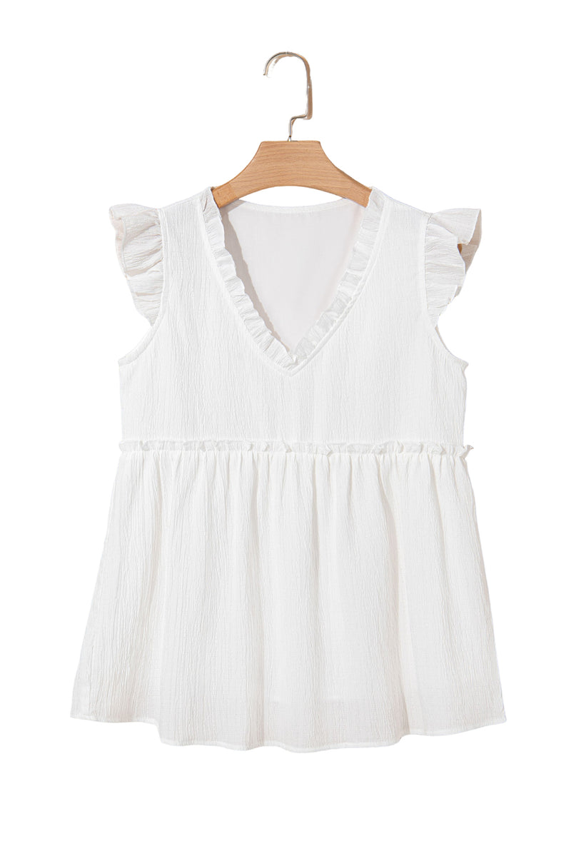 Textured Ruffled Trim V Neck Flutter Flowy Top