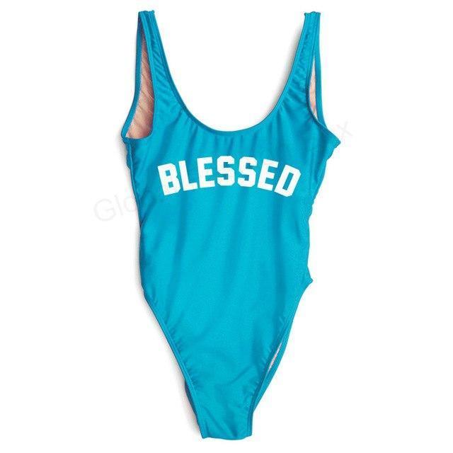 "BLESSED" Scoop Neck Graphic One-Piece Swimsuit