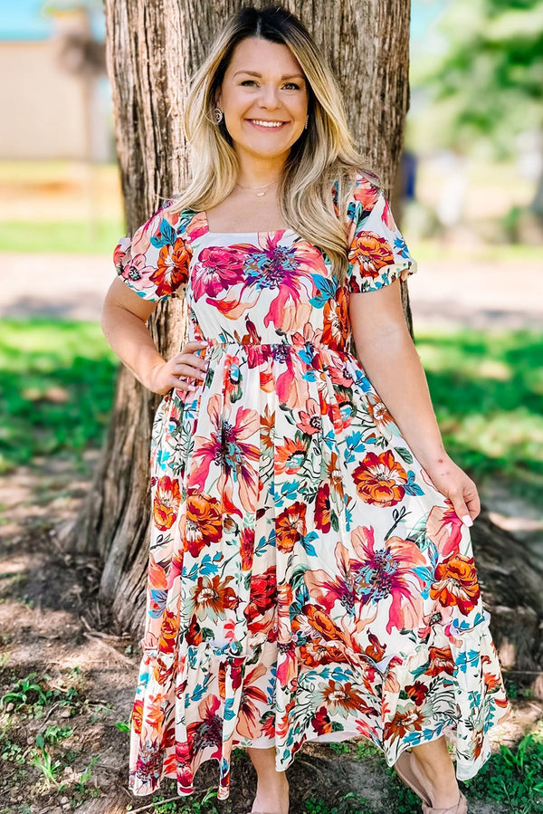 Floral Square Neck Puff Sleeve Flowy Plus Size Midi Dress