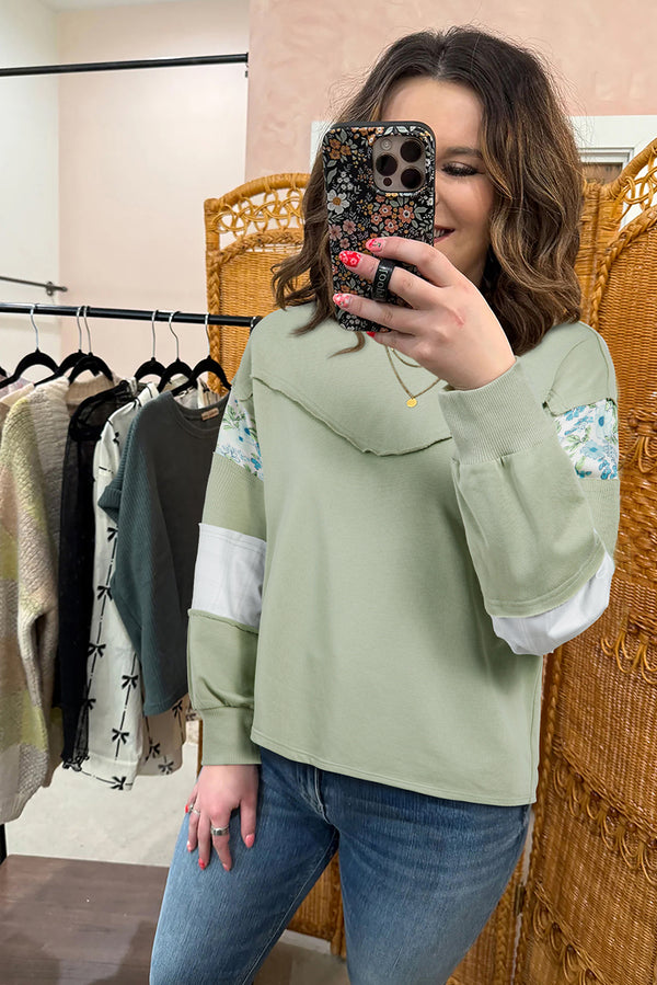 Floral Plaid Mixed Sleeve Raw Edge Relaxed French Terry Top