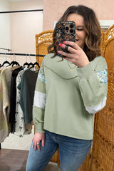 Laurel Green Floral Plaid Mixed Sleeve Raw Edge Relaxed French Terry Top