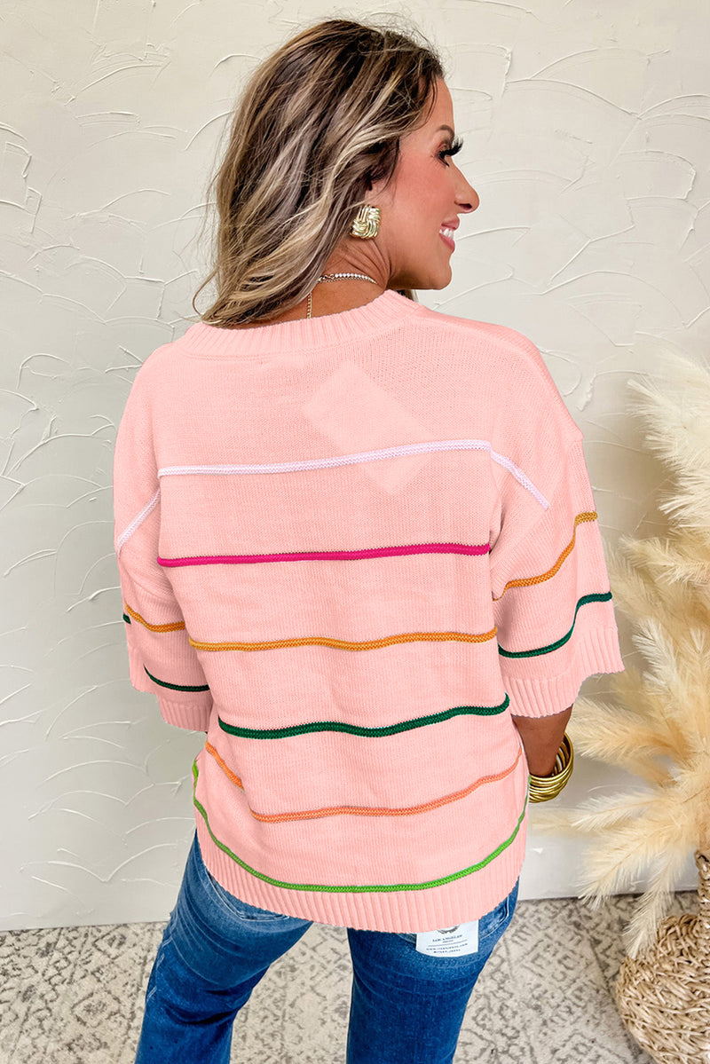Color block Striped Half Sleeve Drop Shoulder Sweater