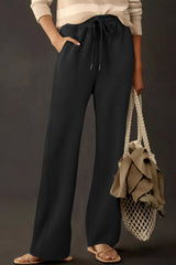 Black Scuba Drawstring Elastic Waistband Solid Color Sweatpants