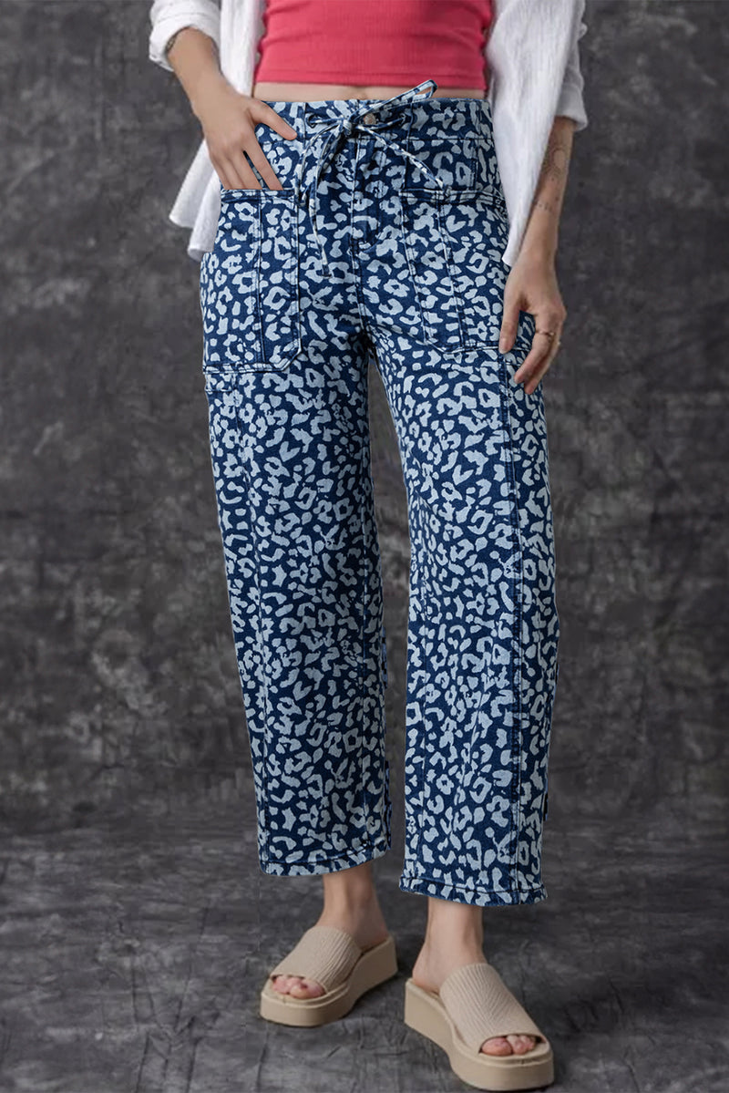 Leopard Printed Drawstring Waist Pocketed Wide Leg Jeans