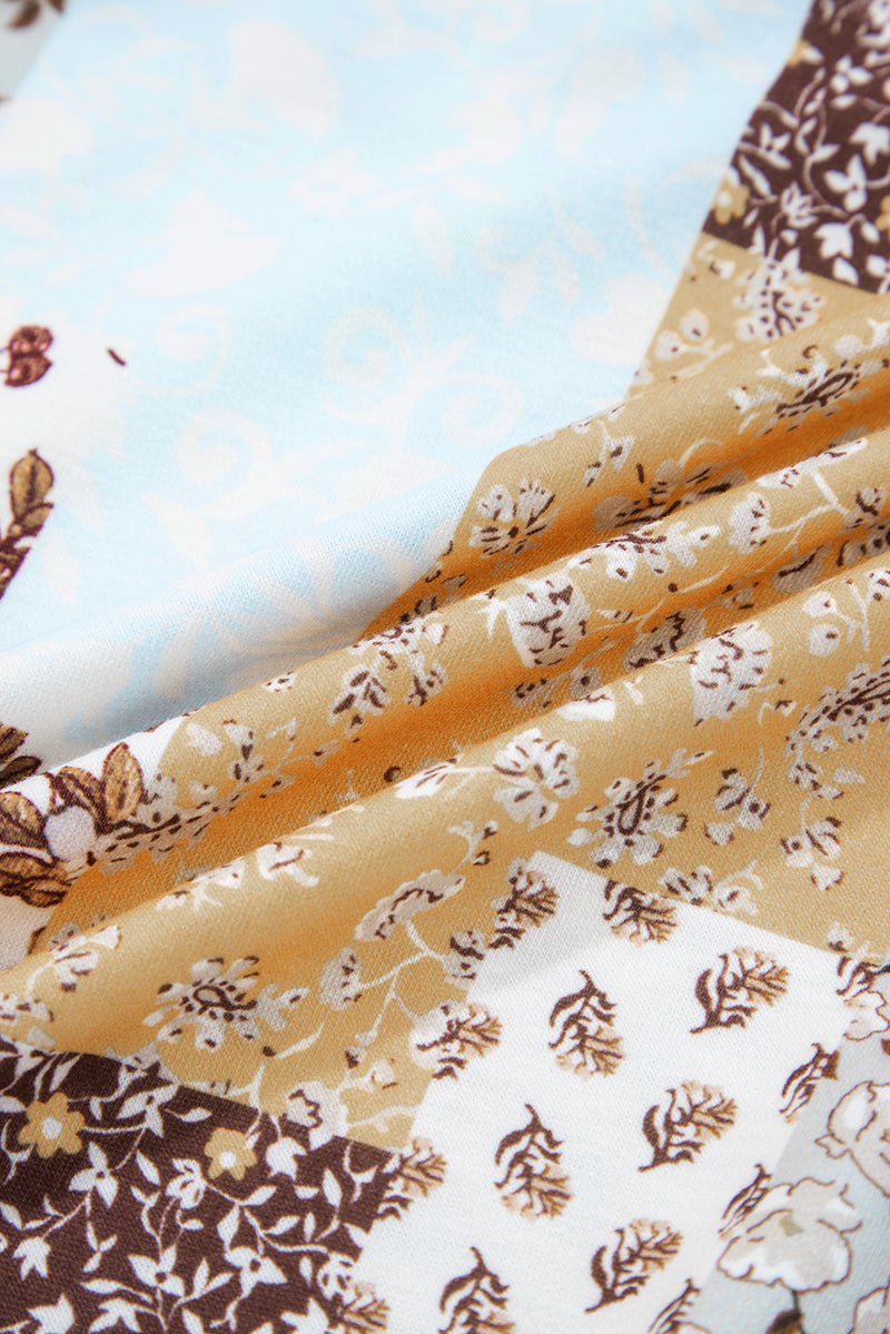 Multicolor Floral Printed Contrast Patchwork Long Sleeve Top