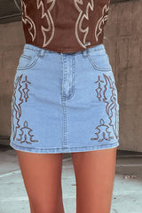Western Embroidered Denim Mini Skirt