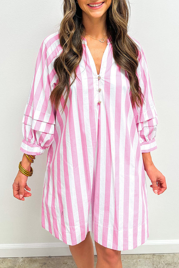 Stripe Bracelet Sleeve Buttons Loose Mini Dress