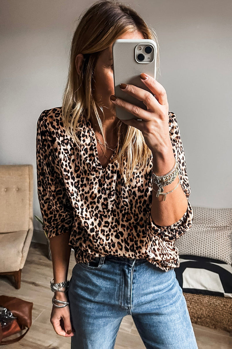Stylish Apricot Leopard V Neck Half Sleeve Blouse