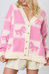 Bowknot Checkered Pattern V Neck Drop Shoulder Button Up Cardigan