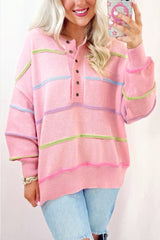 Stripes Drop Shoulder Baggy Henley Sweater