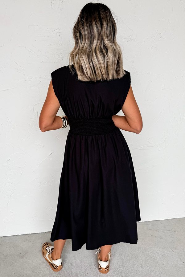 Sleeveless Zipped Front V Neck Shirred Waist Maxi Dress