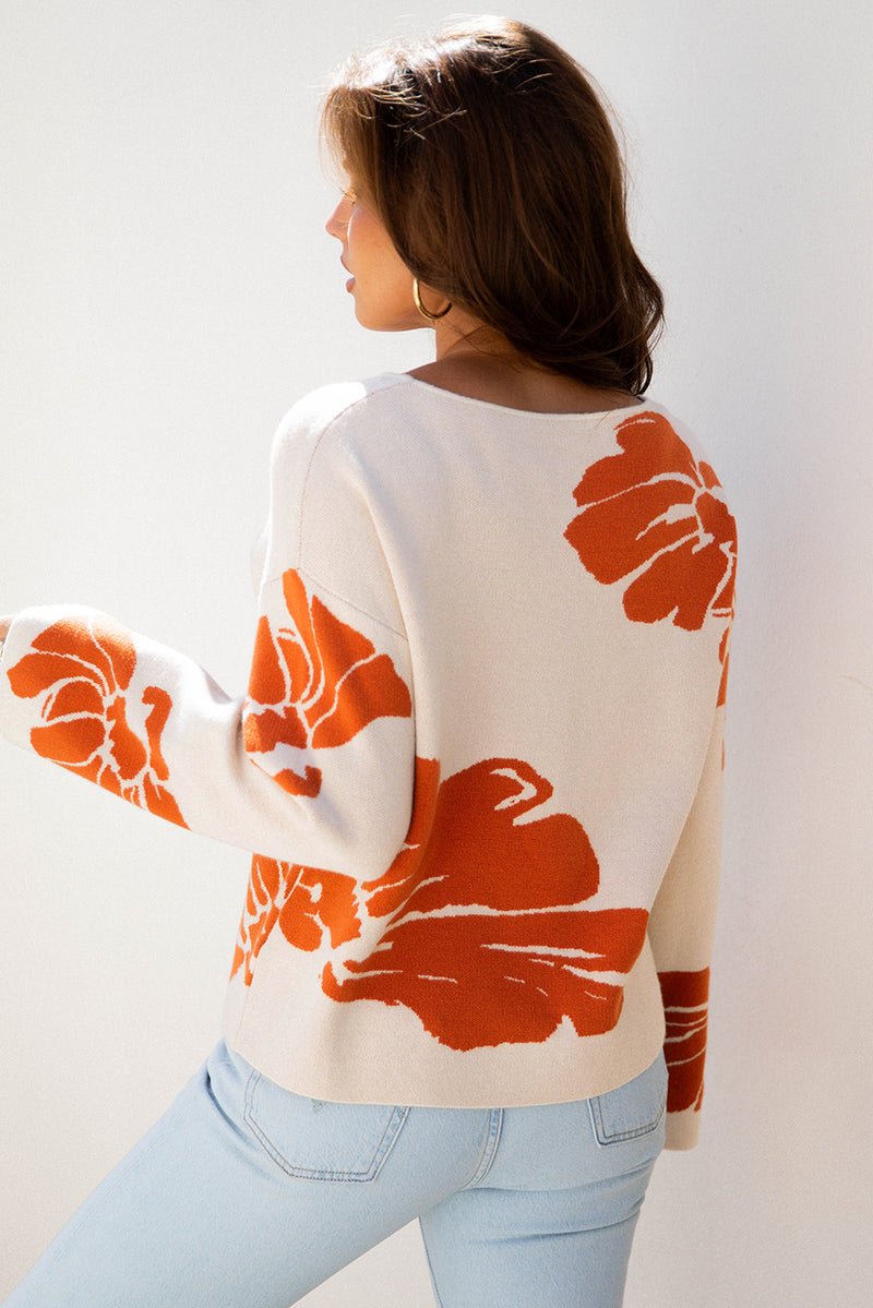 Cinnamon Brown Bold Flower Pattern Wide Sleeve Baggy Sweater