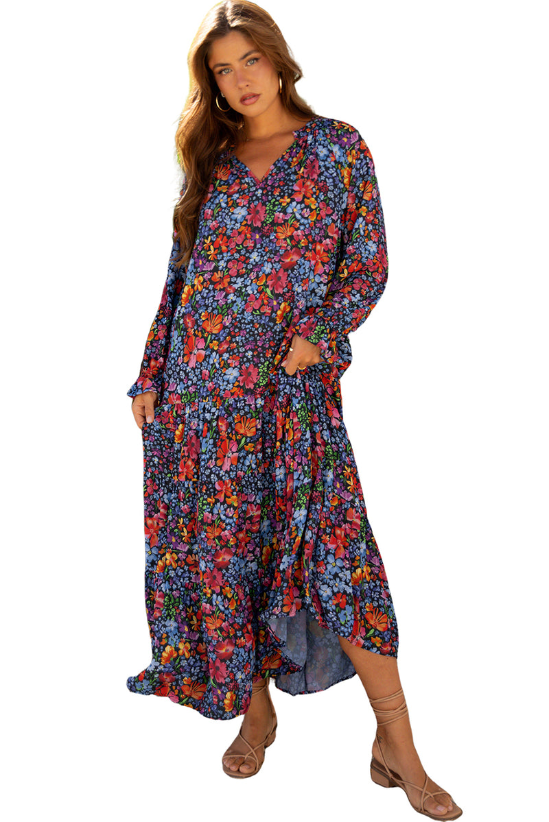 Print Tassel Tie V Neck Long Sleeve Flowy Long Dress