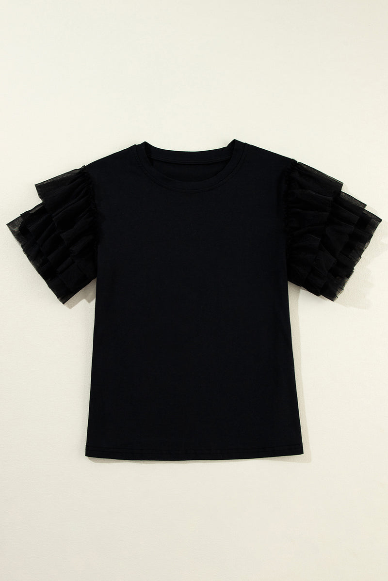 Trendy Solid Tulle Ruffle Sleeve Blouse