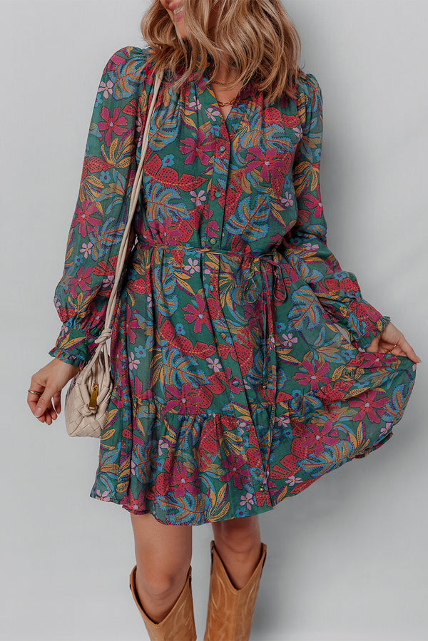 Floral Friled V Neck Puff Sleeve Ruffled Shirt Dress