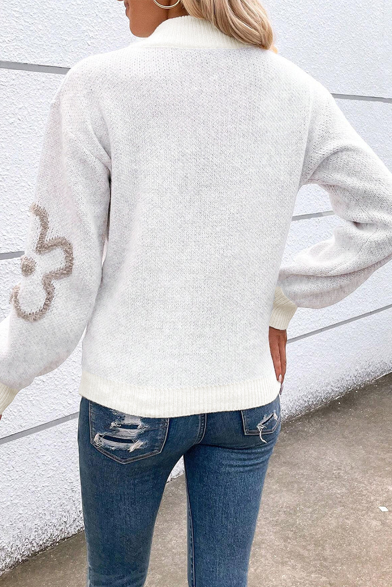 Solid Contrast Flower Half Zipper Stand Neck Sweater