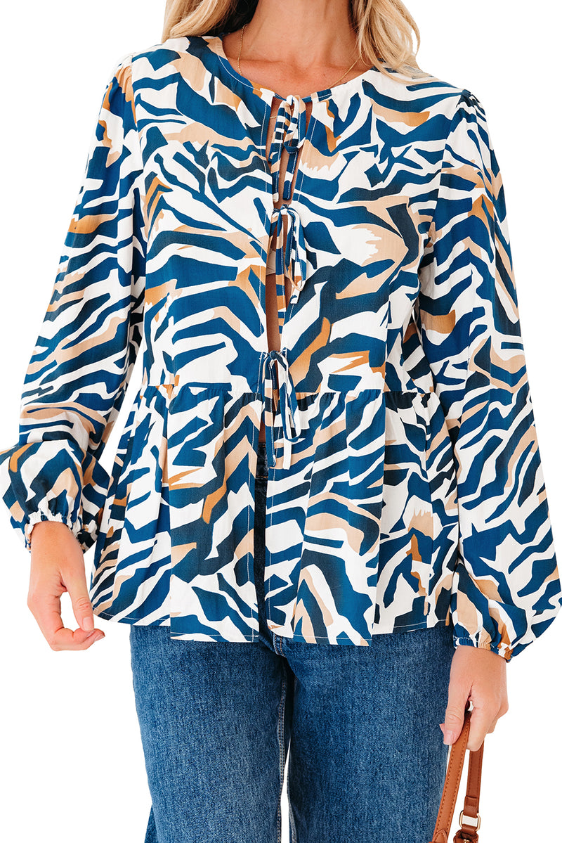 Zebra Print Tied Front Puff Sleeve Top