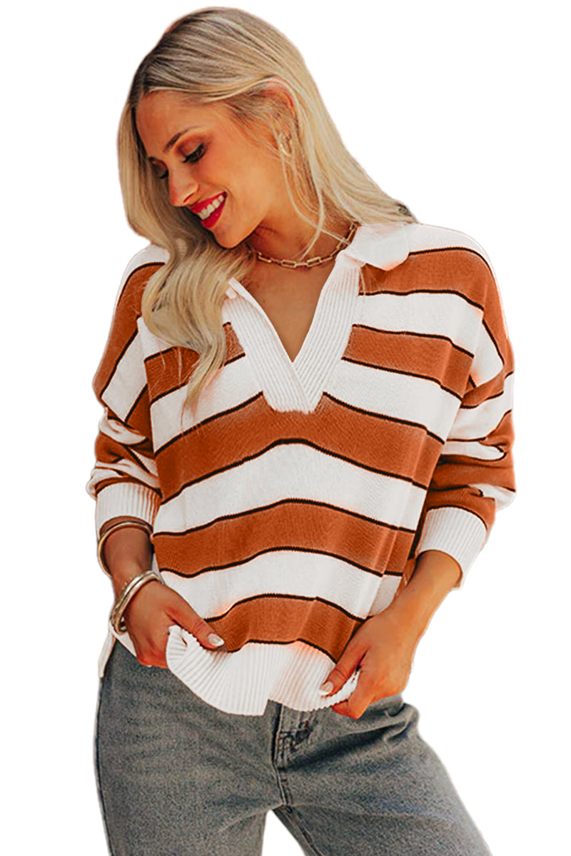 Stripe Ribbed Polo Collar Drop Shoulder Sweater