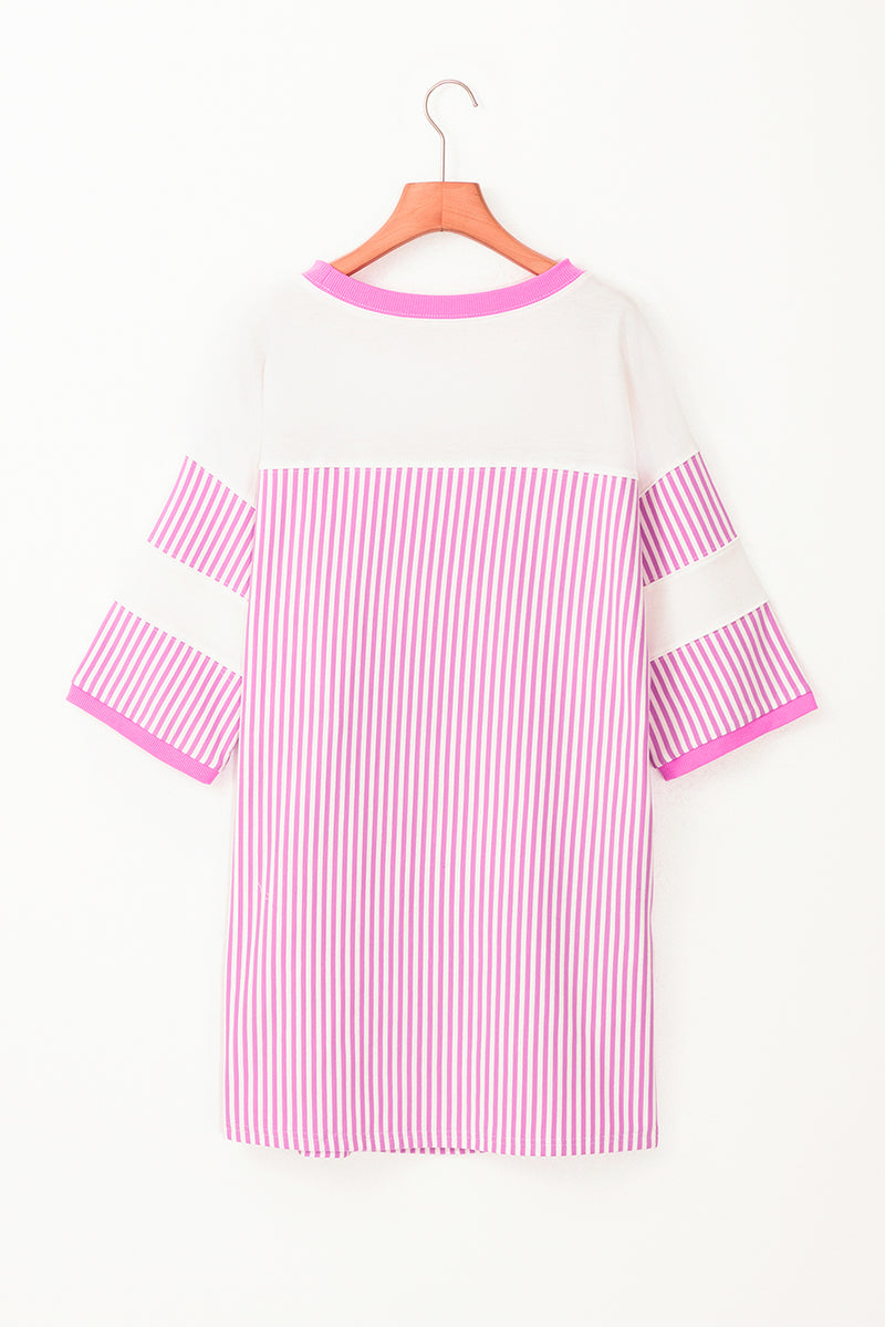 Striped Patchwork Three Quarters Sleeve Loose Mini Dress
