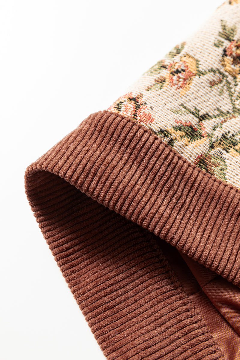 Brown Ribbed Retro Floral Patchwork Shirt Style Jacket