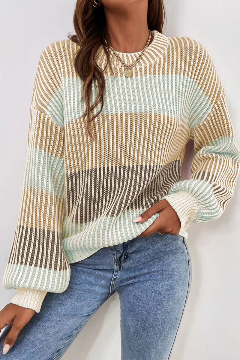 Soft Color block Textured Knit Bubble Sleeve Sweater