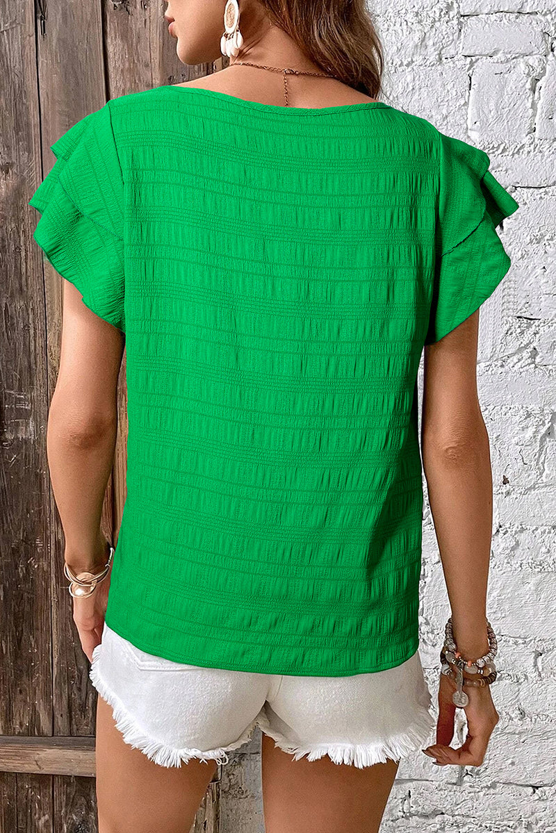 Textured Ruffled Sleeve Round Neck Top Blouse