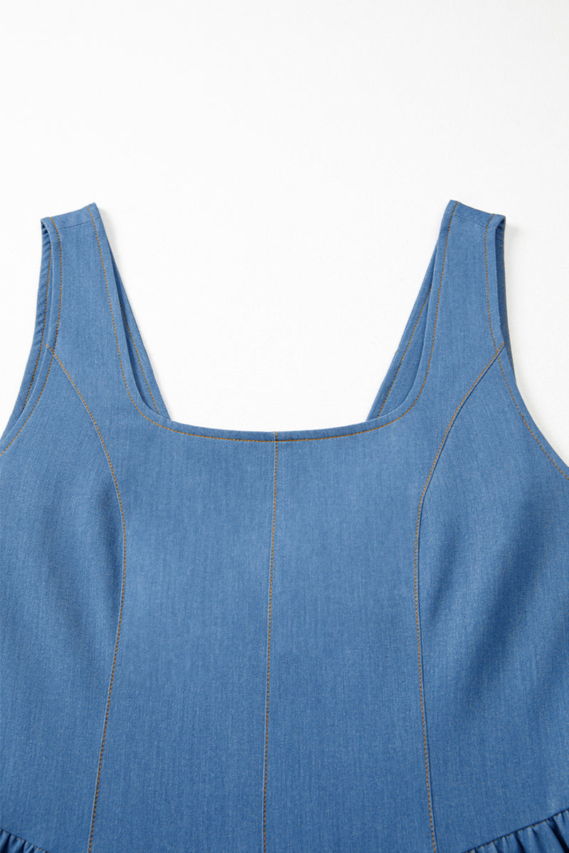 Square Neck Pleated Waist V Cut Backless Tied Fit and Flare Dress