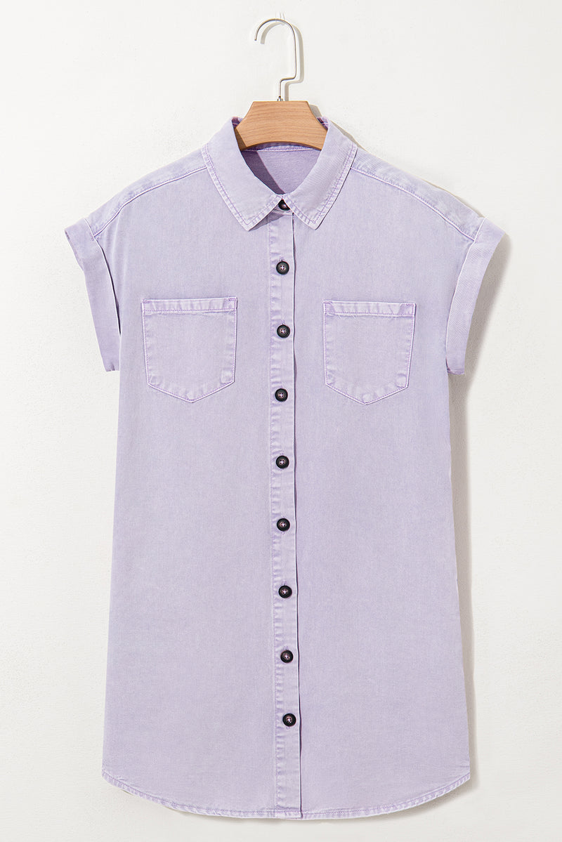 Short Sleeve Double Chest Pocket Denim Shirt Dress