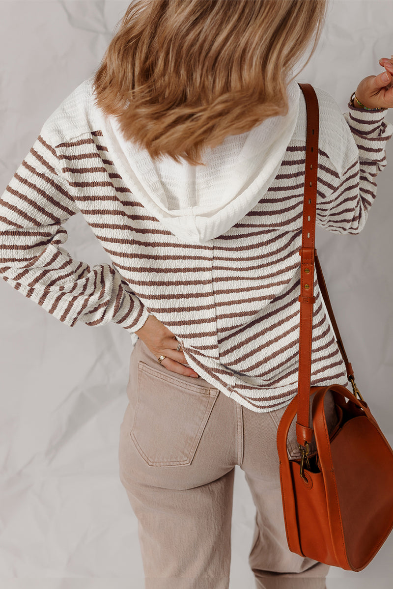 Stripe Textured Hooded V Neck Casual Long Sleeve Top