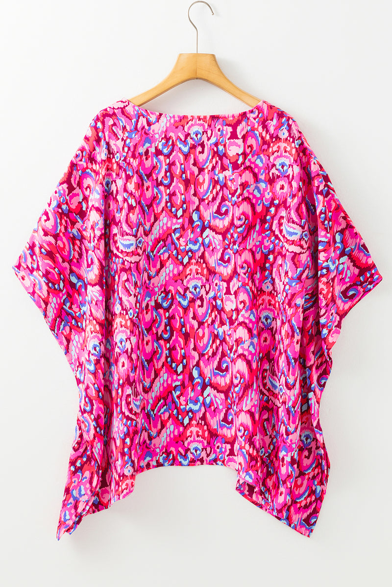 Solid Abstract Print V Neck Half Sleeve Loose Fit Tunic Blouse